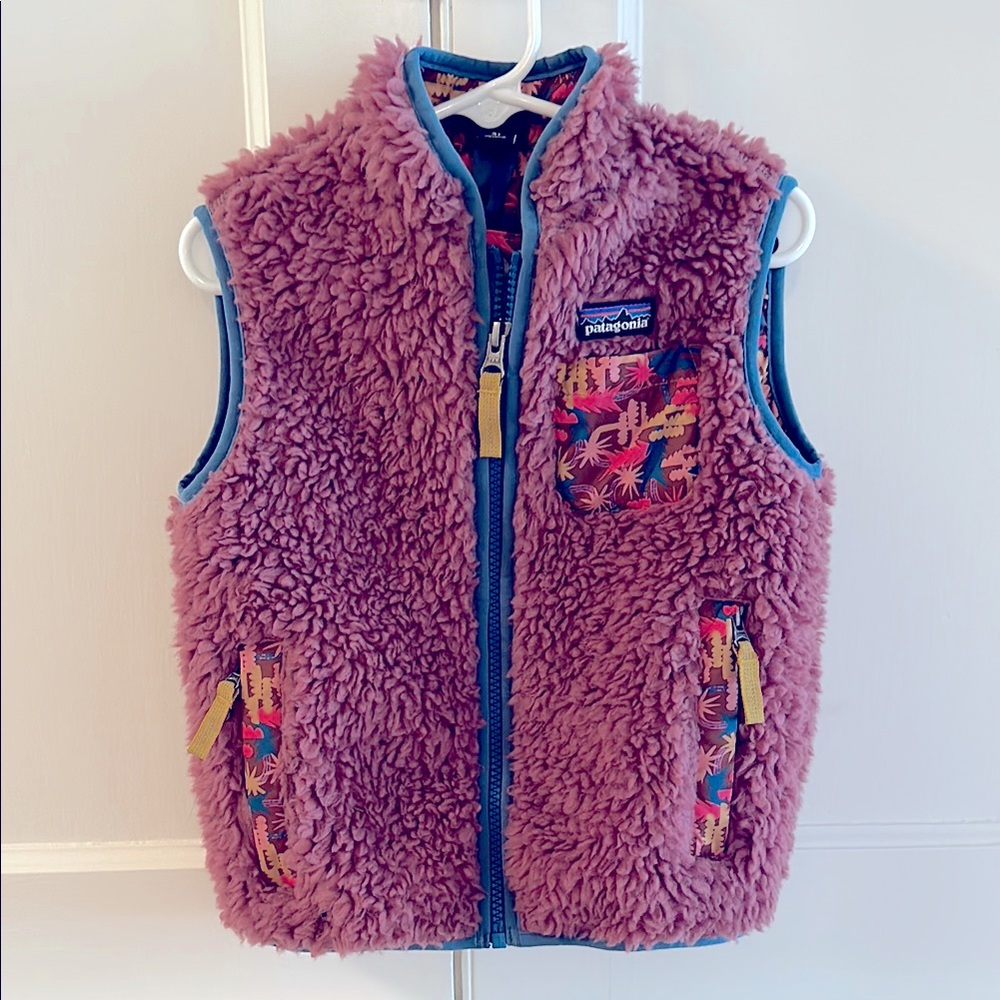 Girls 3T Patagonia Retro-X Pink and Blue Fleece Vest with Patterned Lining
